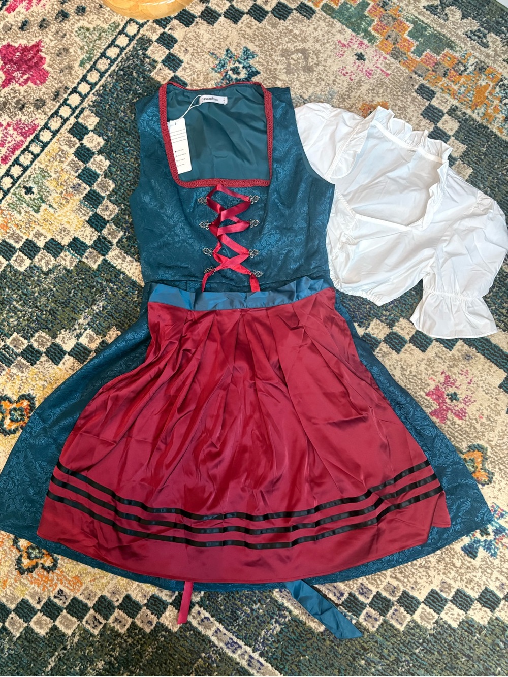 Octoberfest Dirndl Costume Dress with White Blouse - Teal & Burgundy 3 Pieces